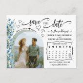 Blue Wildflowers Photo & Calendar Save the Date 案内ポストカード (正面)