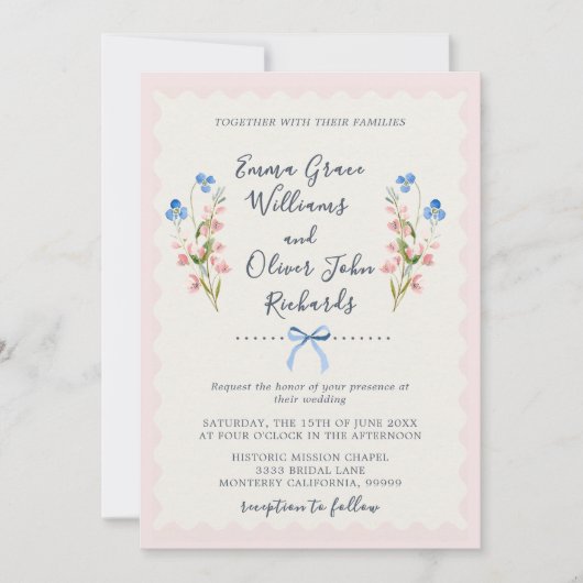 Blue Wildflowers Pink Romantic Garden Wedding 招待状 (正面)