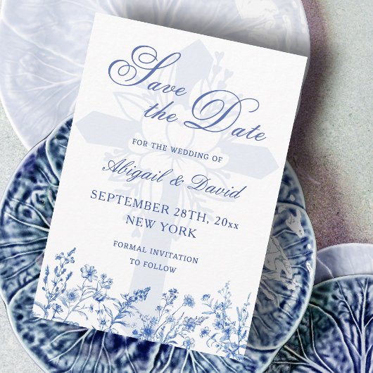 Blue Wildflowers Religious Wedding Save The Date セーブザデート