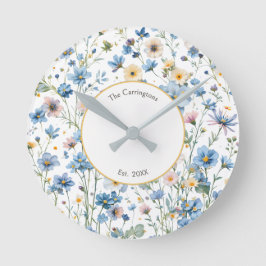 Blue Wildflowers Rustic Cottage Garden Floral ラウンド壁時計