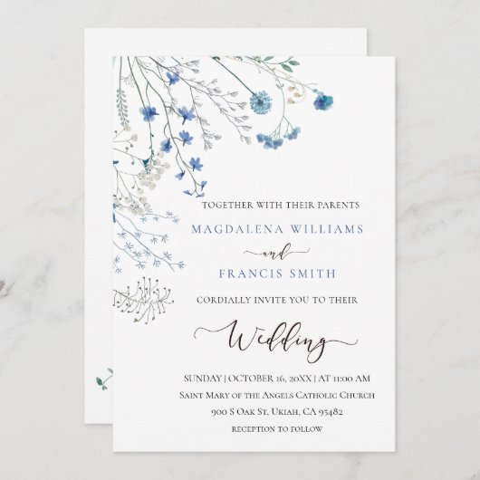 blue wildflowers wedding invitation 招待状 (正面/裏面)