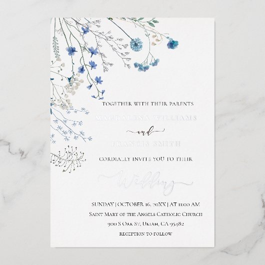 blue wildflowers winter wedding 箔招待状 (正面)