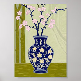 Blue Willow Chinoiserie Vase & Pink Cherry Blossom ポスター