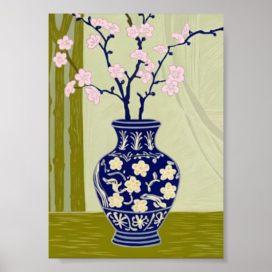 Blue Willow Chinoiserie Vase & Pink Cherry Blossom ポスター (正面)