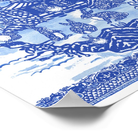 Blue Willow Rabbit Island Whimsical Oriental Art ポスター (角)