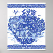 Blue Willow Rabbit Island Whimsical Oriental Art ポスター (正面)