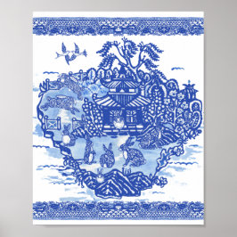 Blue Willow Rabbit Island Whimsical Oriental Art ポスター