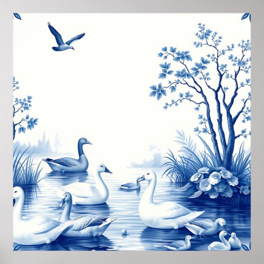 Blue Willow Swans Lake Scene ポスター (正面)