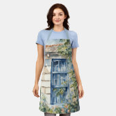 Blue Window Stone Wall Cottage Vines エプロン (着用した状態)