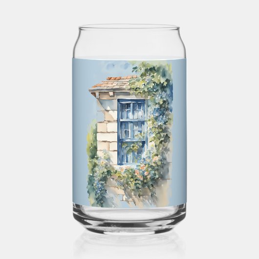 Blue Window Stone Wall Cottage Vines ガラス缶 (正面)
