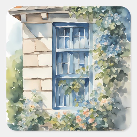 Blue Window Stone Wall Cottage Vines スクエアシール (正面)