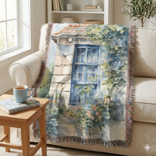 Blue Window Stone Wall Cottage Vines スローブランケット