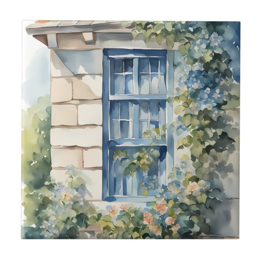 Blue Window Stone Wall Cottage Vines タイル (正面)
