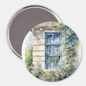 Blue Window Stone Wall Cottage Vines マグネット (正面/裏面)