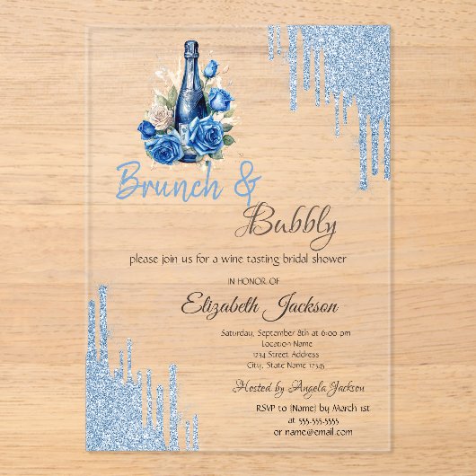 Blue Wine Roses Drips Bridal Shower  アクリル招待状 (正面)