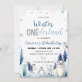 Blue Winter Animals Onederland 1st Birthday 招待状 (正面)