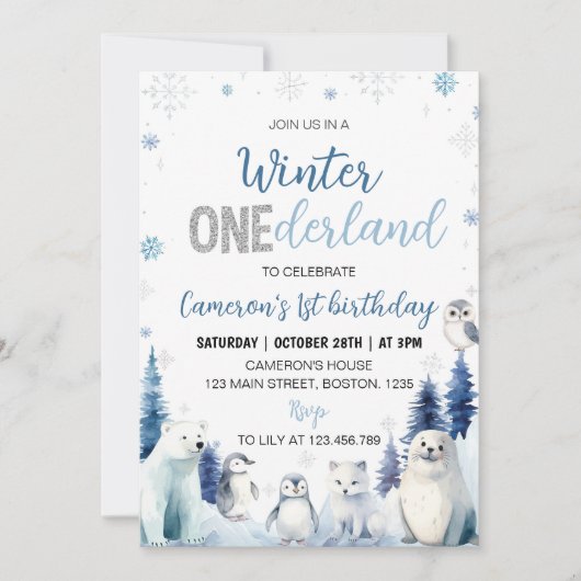 Blue Winter Animals Onederland 1st Birthday 招待状 (正面)