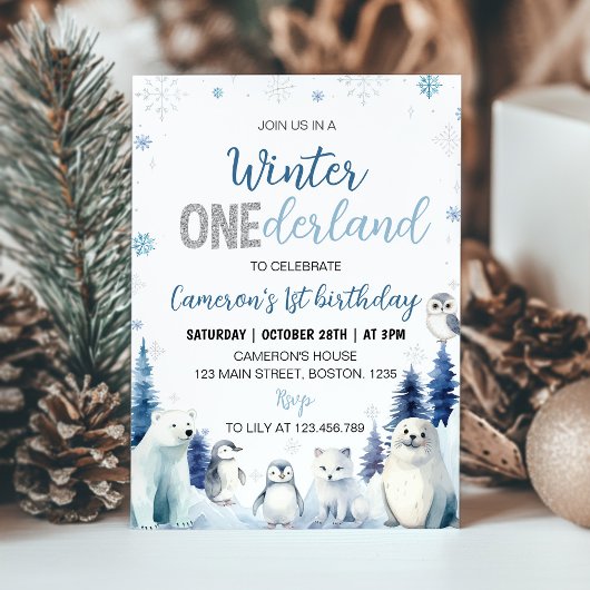 Blue Winter Animals Onederland 1st Birthday 招待状