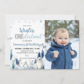 Blue Winter Animals Onederland 1st Birthday Photo  招待状 (正面)