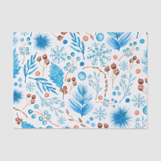 Blue Winter Botanical Pattern in Watercolor 薄葉紙 (正面)