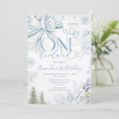 Blue Winter Bow Onederland Snowflake 1st Birthday 招待状 (スタンド正面)