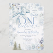 Blue Winter Bow Onederland Snowflake 1st Birthday 招待状 (正面/裏面)
