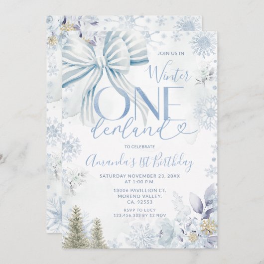 Blue Winter Bow Onederland Snowflake 1st Birthday 招待状 (正面/裏面)