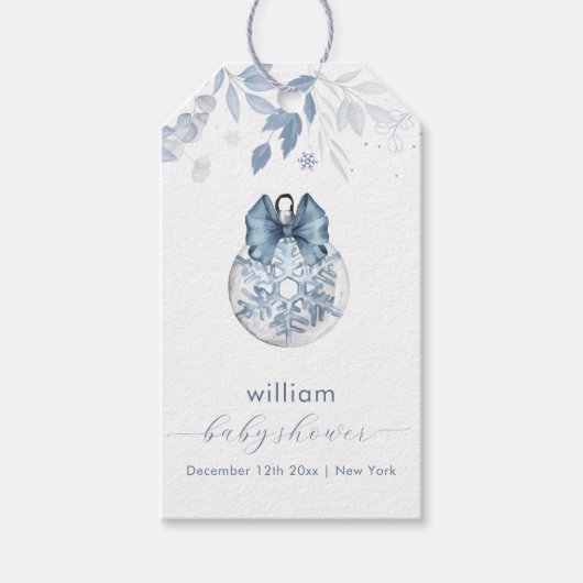 Blue Winter Bow Snowflake Ornament Baby Shower  ギフトタグ (正面)