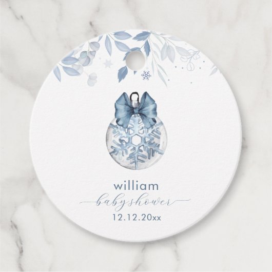 Blue Winter Bow Snowflake Ornament Baby Shower  フェイバータグ (正面)