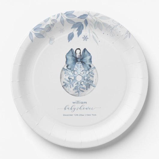 Blue Winter Bow Snowflake Ornament Baby Shower  ペーパープレート (正面)