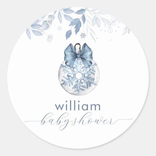 Blue Winter Bow Snowflake Ornament Baby Shower  ラウンドシール (正面)