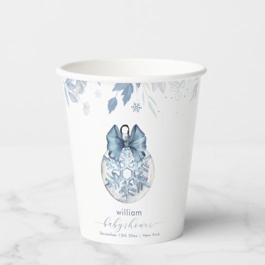 Blue Winter Bow Snowflake Ornament Baby Shower  紙コップ (正面)