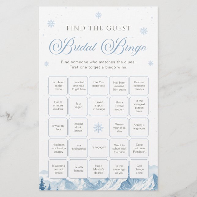 Blue Winter Bridal Shower Bingo Game (正面)