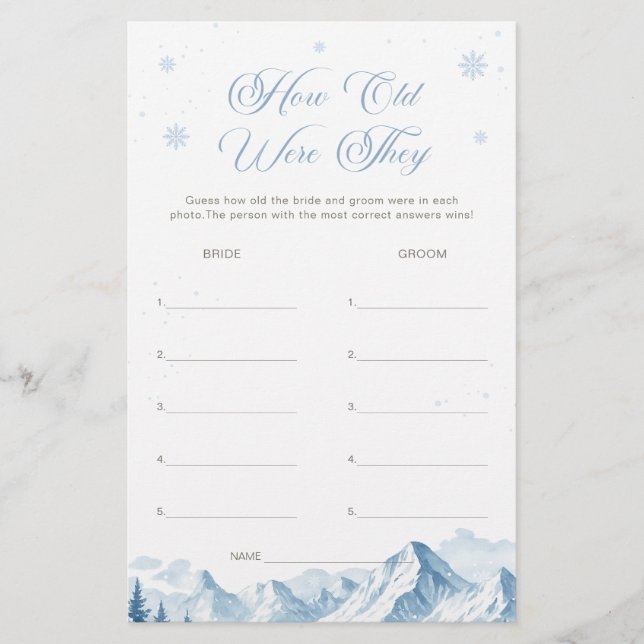 Blue Winter Bridal Shower How Old Were They Game (正面)