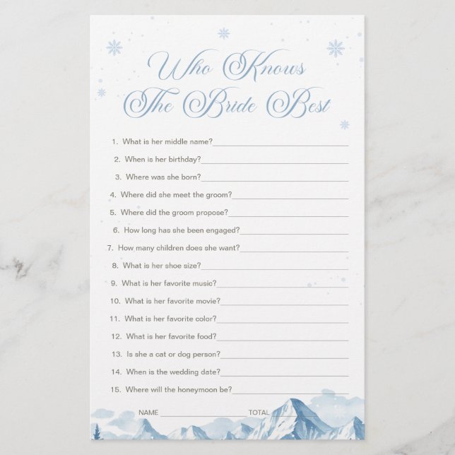 Blue Winter Bridal Shower Who Knows the Bride Best (正面)