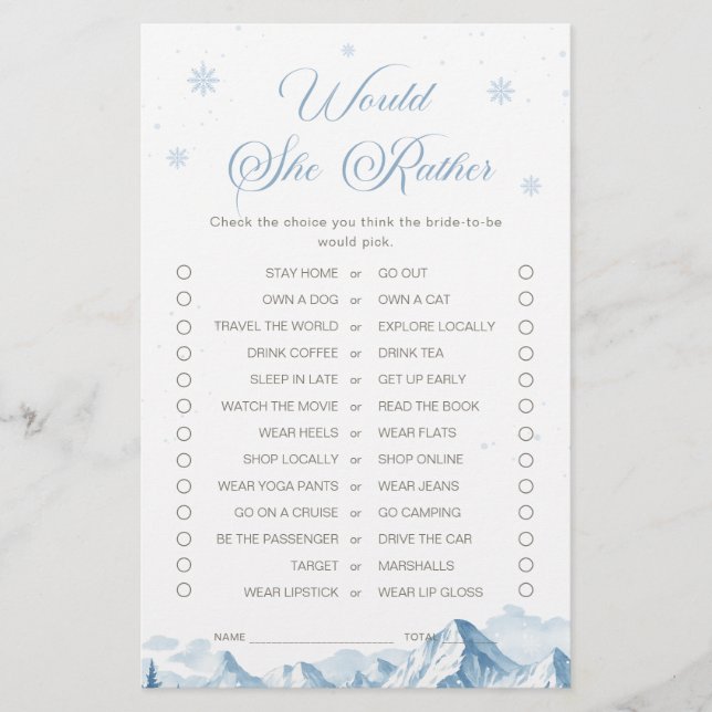 Blue Winter Bridal Shower Would She Rather Game (正面)