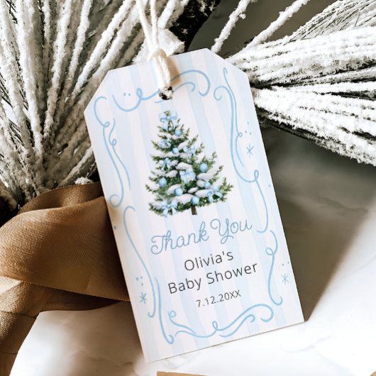 Blue Winter Christmas Tree Baby Shower ギフトタグ