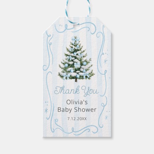 Blue Winter Christmas Tree Baby Shower ギフトタグ (正面)
