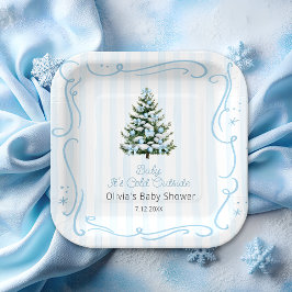 Blue Winter Christmas Tree Baby Shower ペーパープレート
