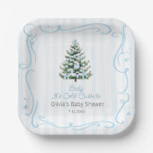 Blue Winter Christmas Tree Baby Shower ペーパープレート (正面)
