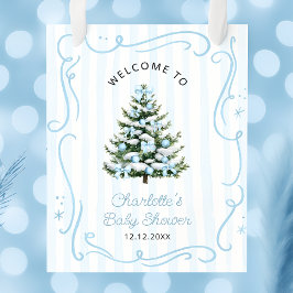 Blue Winter Christmas Tree Baby Shower Welcome ポスター