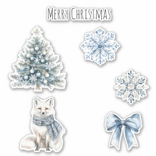 Blue Winter Christmas Tree Fox Snowflakes Bow シール (正面)