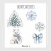 Blue Winter Christmas Tree Fox Snowflakes Bow シール (シート)