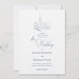 Blue Winter Church Calligraphy Wedding Invitation 招待状