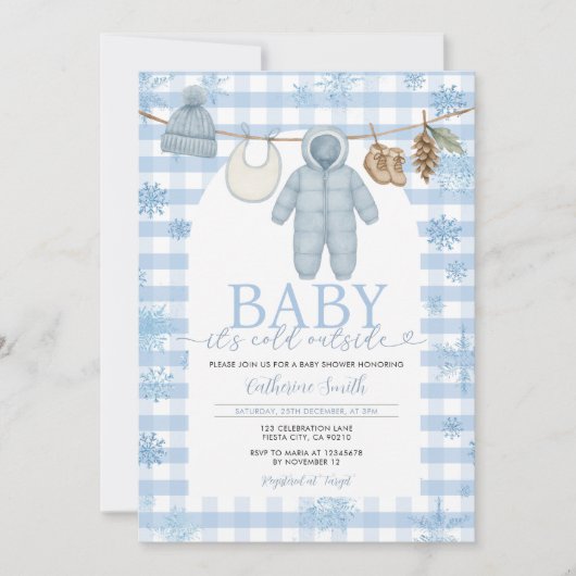 Blue Winter Clothesline Baby Shower Clothes Snow 招待状 (正面)