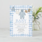Blue Winter Clothesline Baby Shower Clothes Snow 招待状 (スタンド正面)