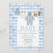 Blue Winter Clothesline Baby Shower Clothes Snow 招待状 (正面/裏面)