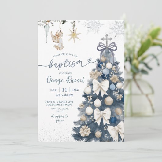 Blue Winter Coquette Bow Christmas Baptism 招待状 (スタンド正面)