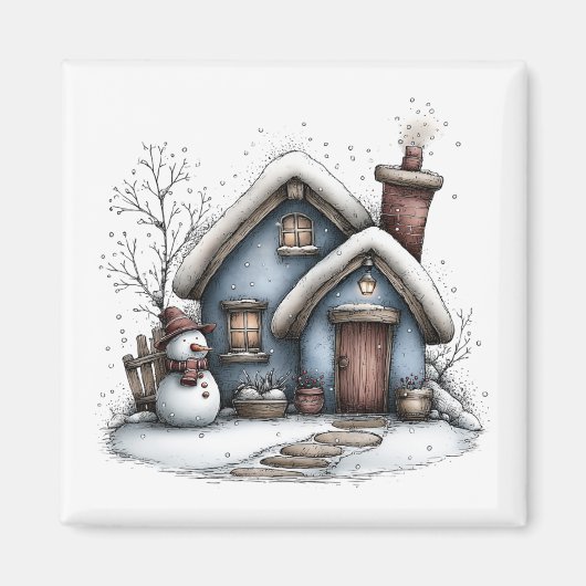 Blue Winter Cottage Christmas Magnet マグネット (正面)