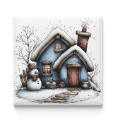 Blue Winter Cottage Christmas Magnet マグネット